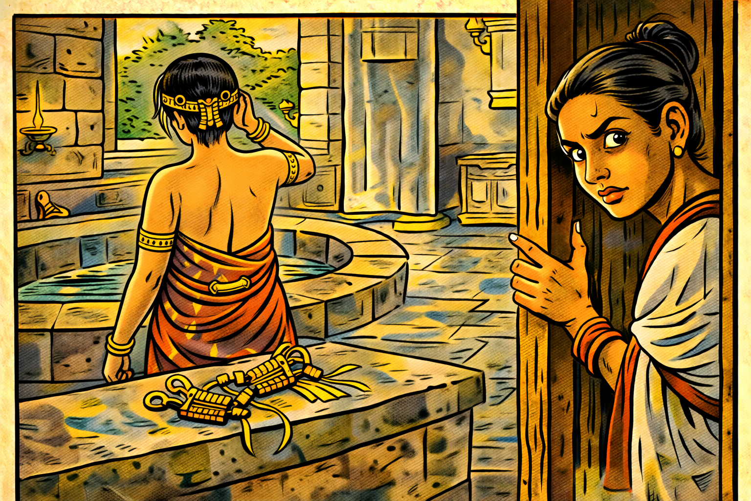 Kusuma at the doorway — she has spotted the sandalwood hairclips on the ledge and understood everything