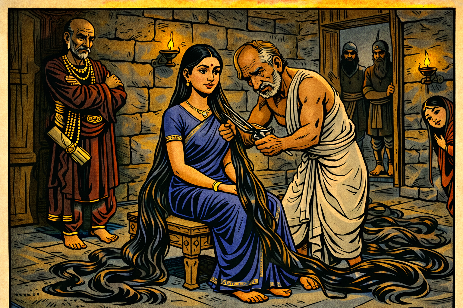 Minister Bruhananda watches as the Napita cuts Shrutisukala&rsquo;s 12-foot hair in a dark room — she sits with calm dignity while spies watch from the shadows