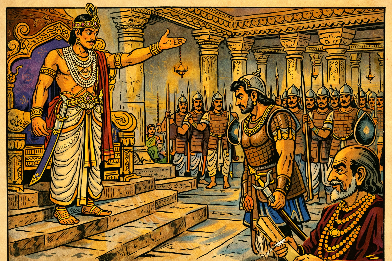 The royal darbar — King SuryaVamshi orders the search while Minister Bruhananda watches from the shadows with a scheming smile