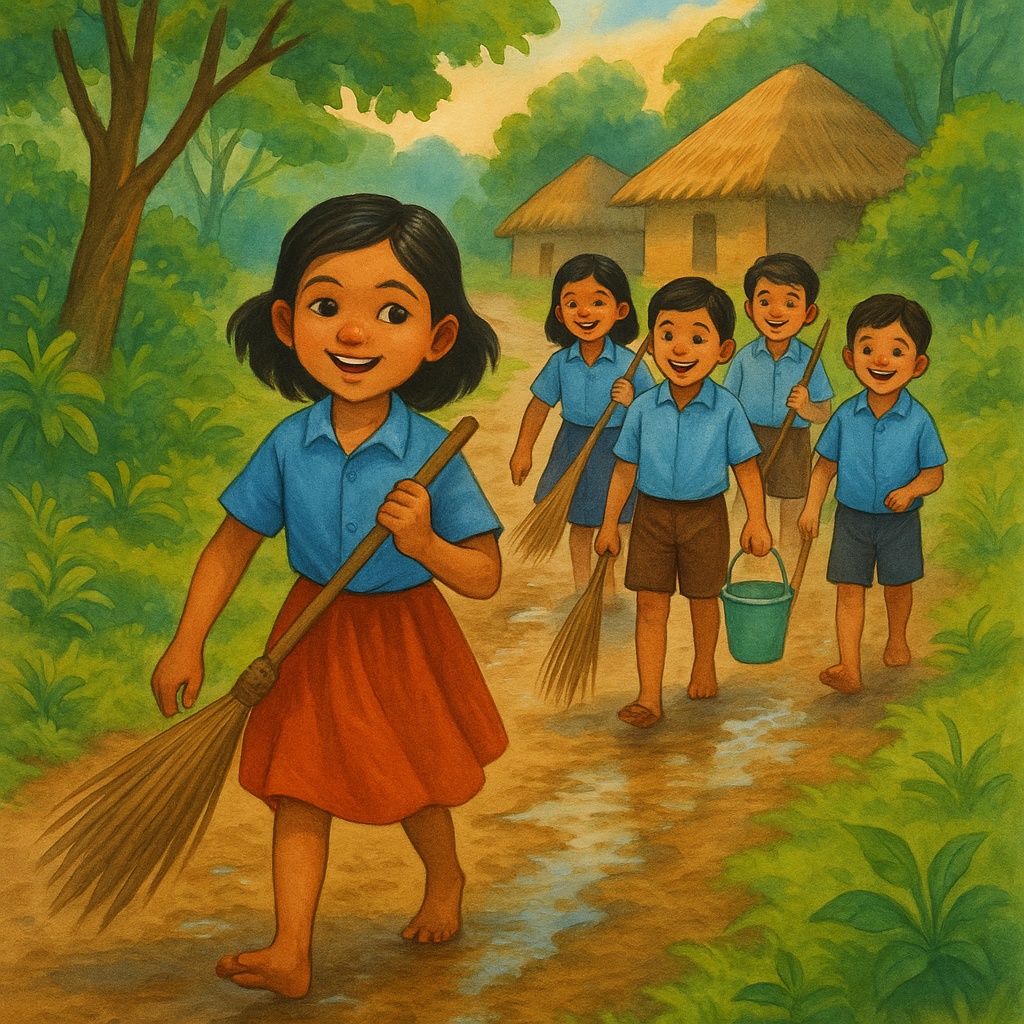 A young Indian girl leading a group of children — Mud path of a rural village in Odisha with trees a