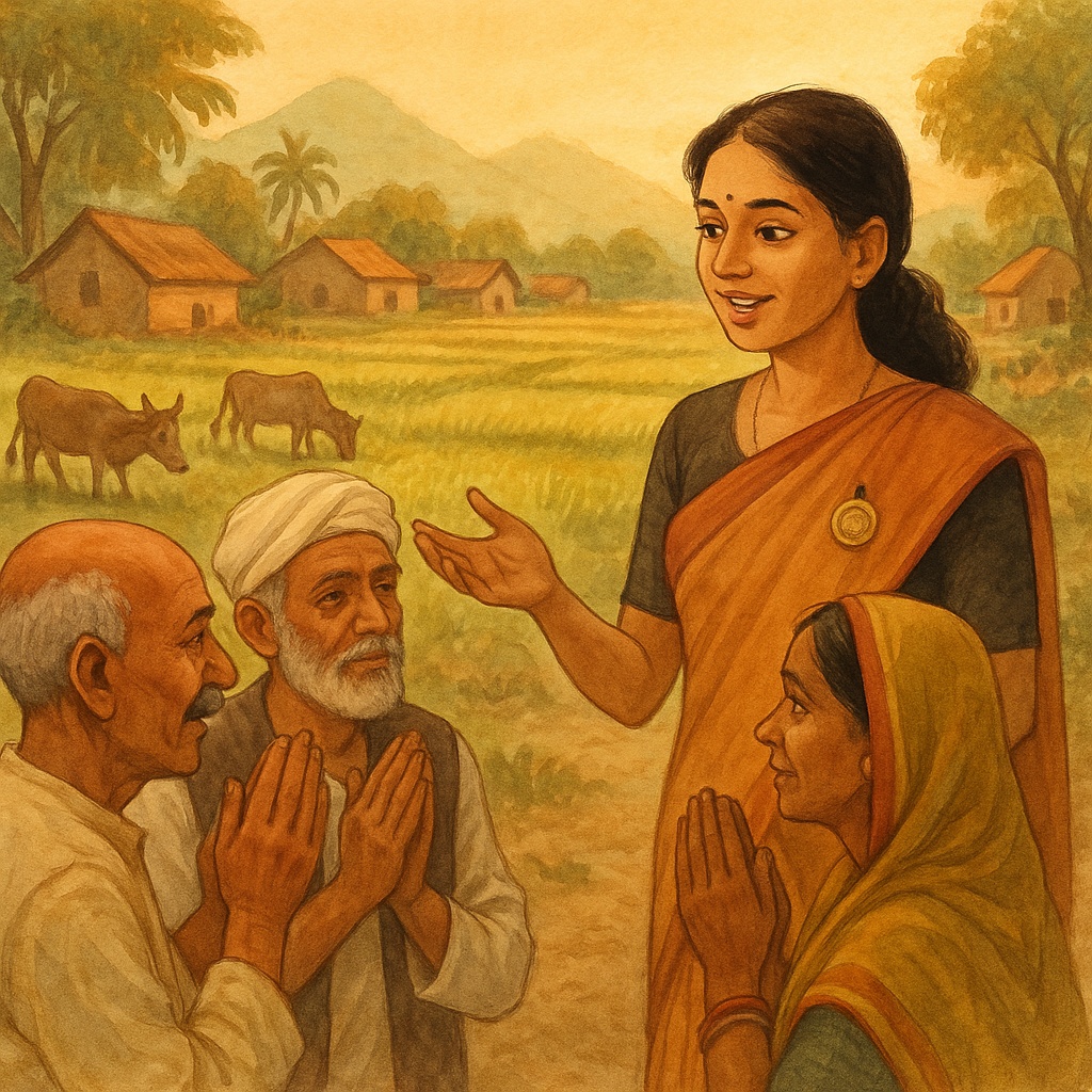 A young female Tehsildar speaking with villagers — Rural Odisha village with paddy fields and small 