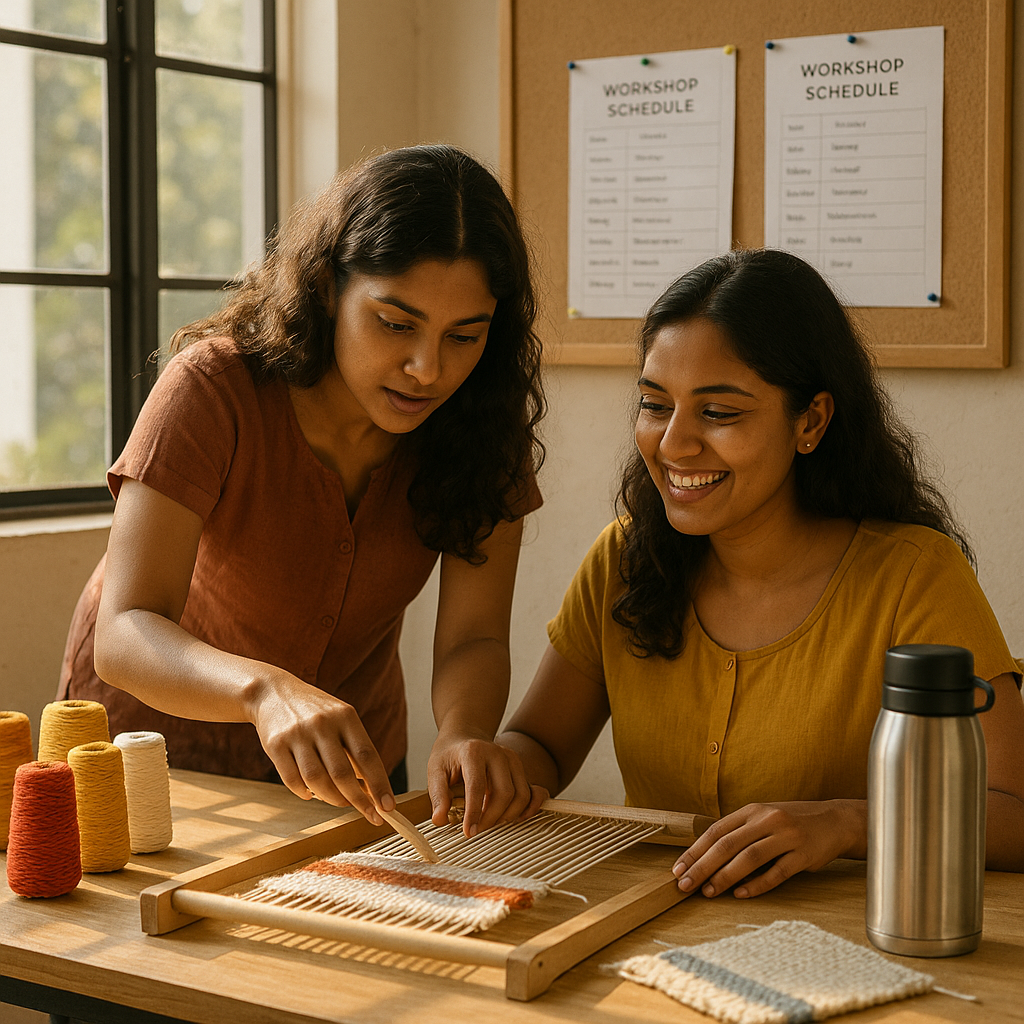Two women reconnecting at a community workshop