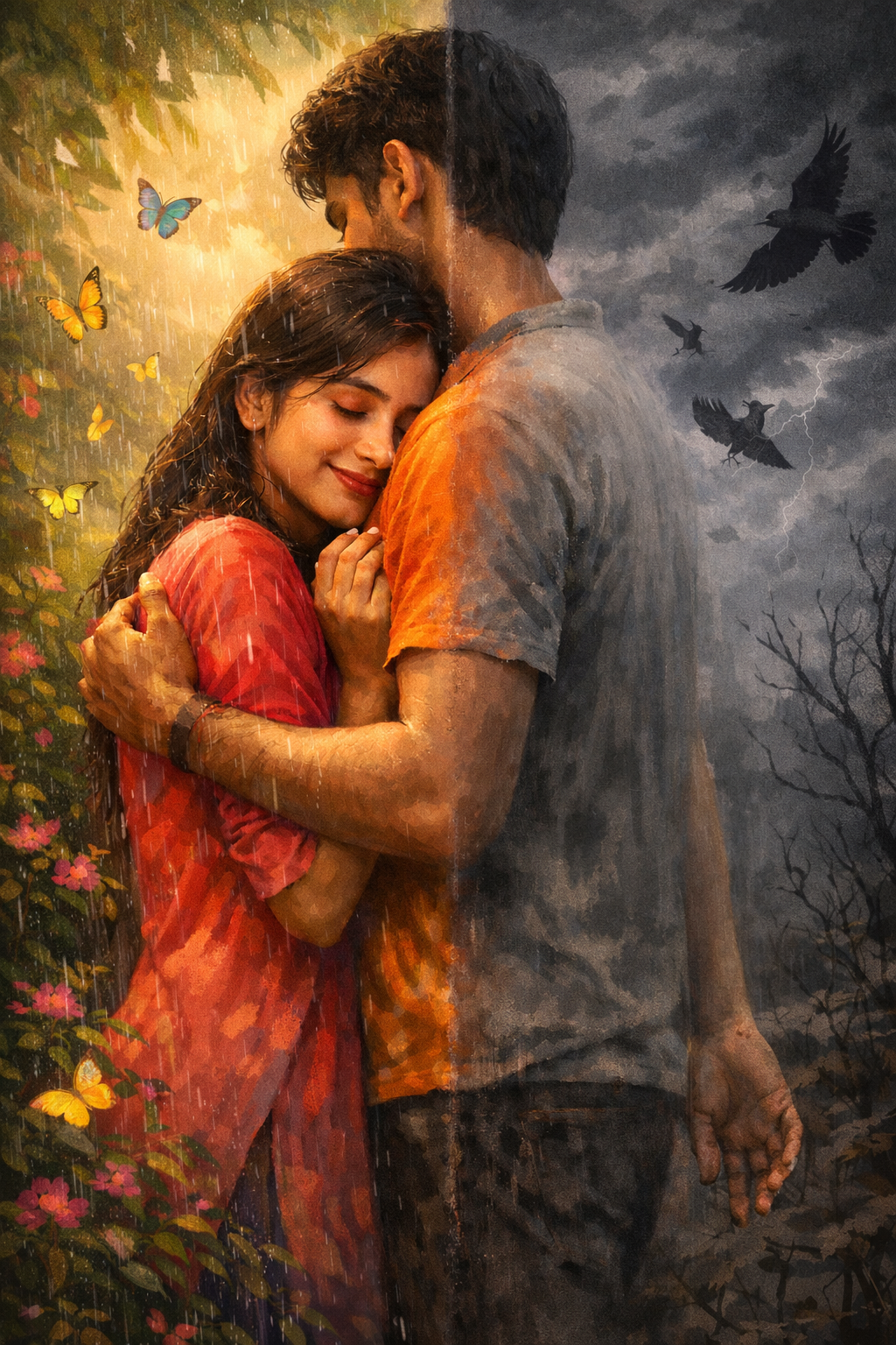 An intimate embrace at the center — left side colorful and full of rain, right side faded and stormy — the difference love makes