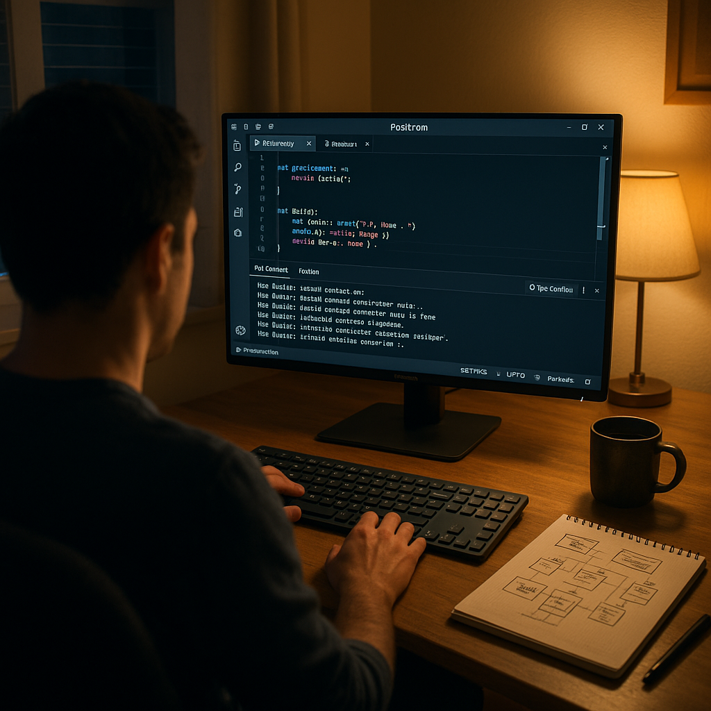 Developer using Positron IDE with Dev Container setup