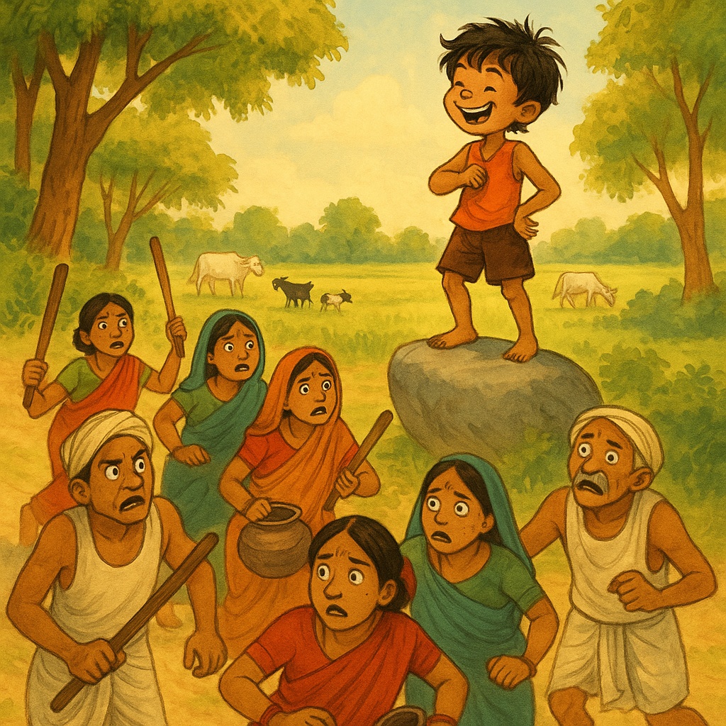 Radhu standing on a rock, laughing while villagers gather below — Edge of forest near green fields i