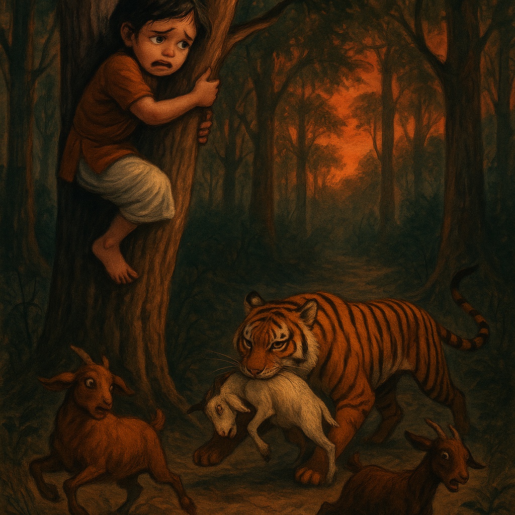 Radhu clinging to a tree while a tiger drags away a goat — Deeper in the forest with tall trees and 