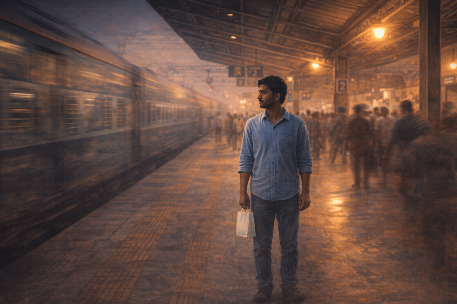 Abhinav standing alone on a Bhopal railway platform at dusk — light blue shirt, white mithai bag in hand, watching the arriving train