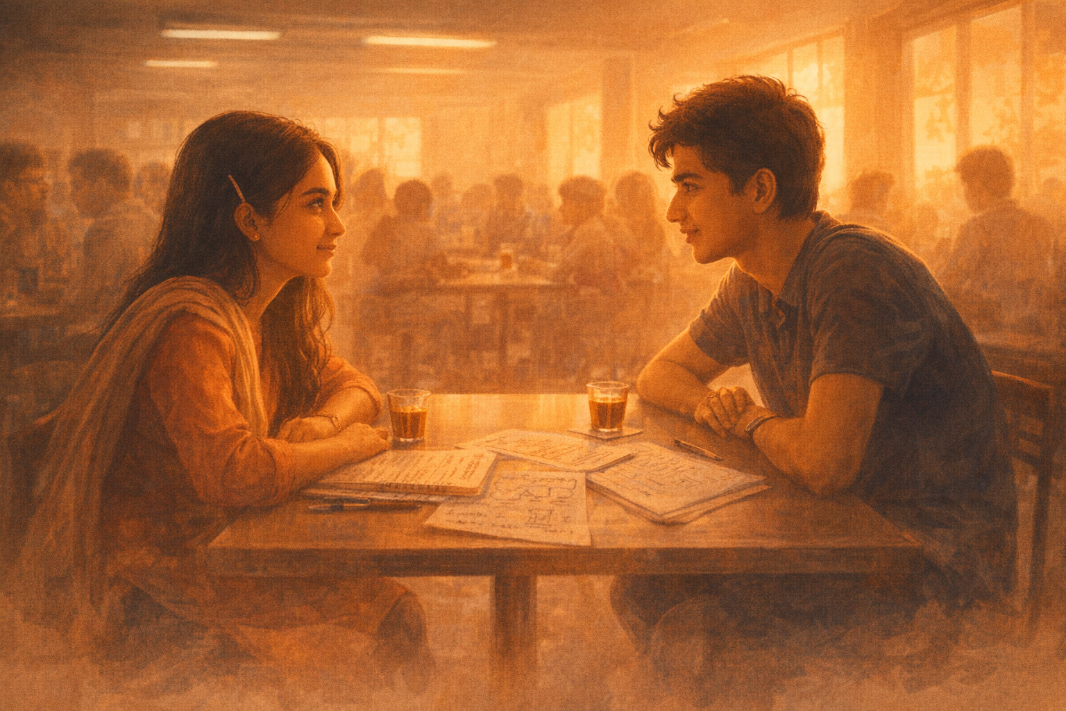 Two engineering students at a college canteen table in Bhopal — notes between them, chai glasses, neither looking at the notes