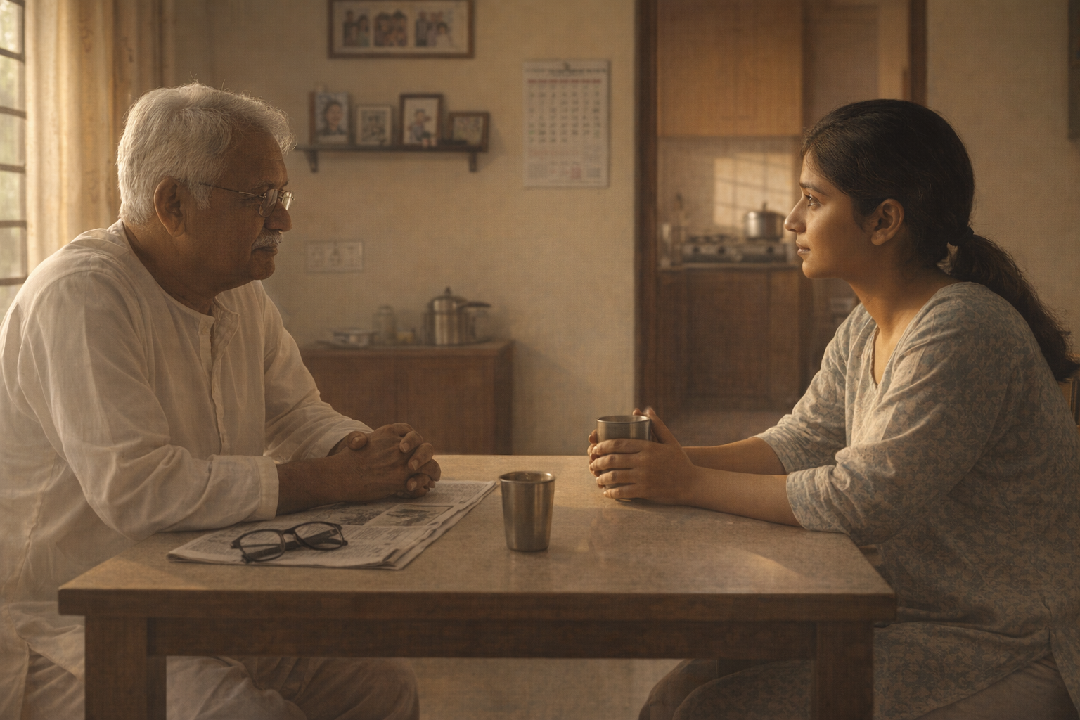 A father and daughter at a dining table in the morning light, two cups of chai between them