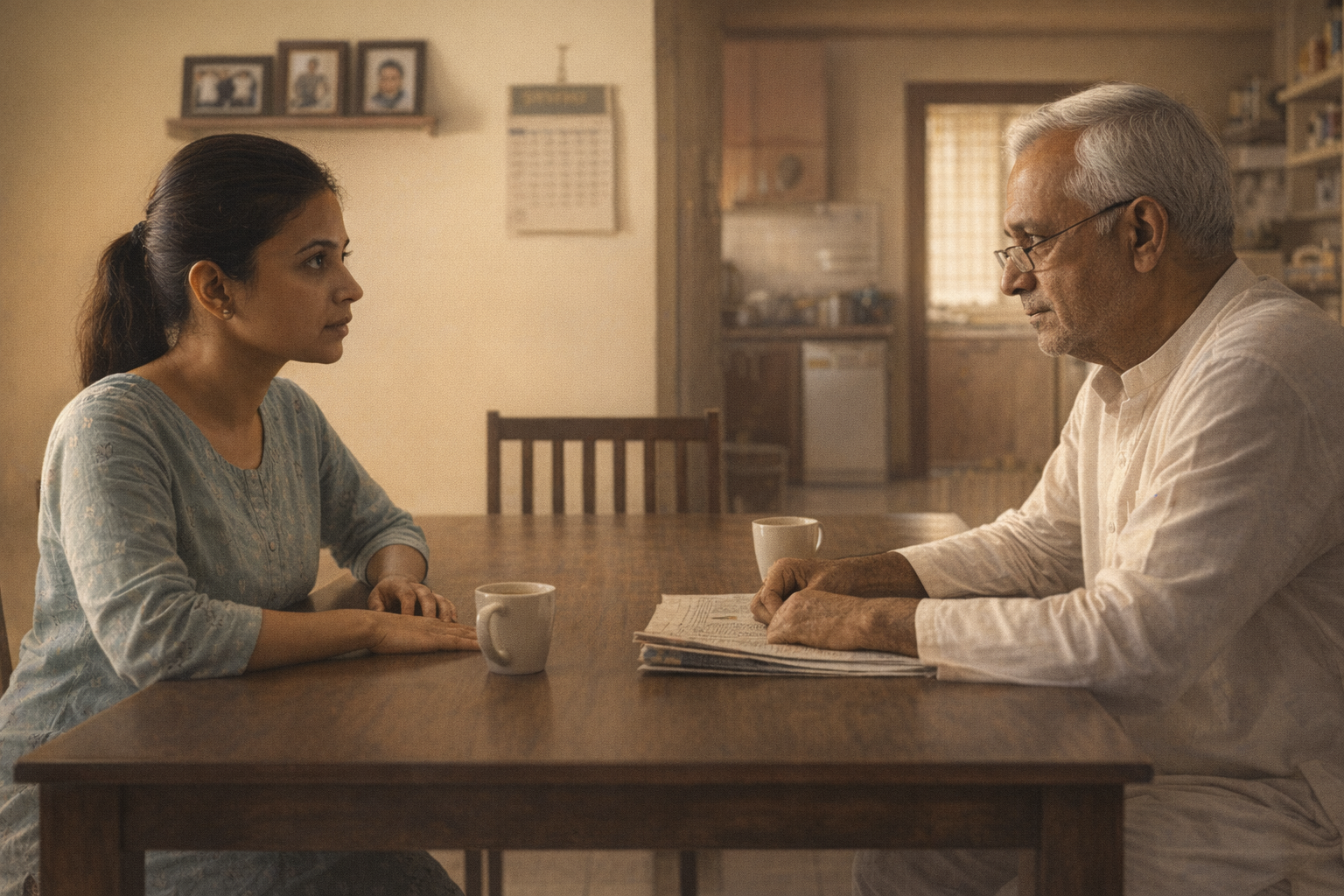 Nandini with her hands flat on the table, looking directly at her father — the conversation finally happening