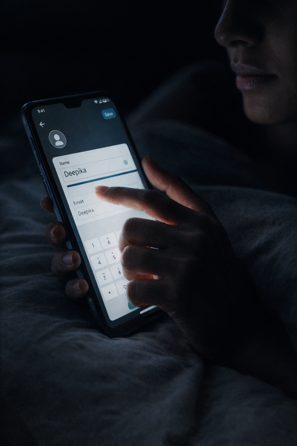 A woman&rsquo;s hand holding a phone in the dark — the contact name &ldquo;Deepika&rdquo; on screen, thumb hovering