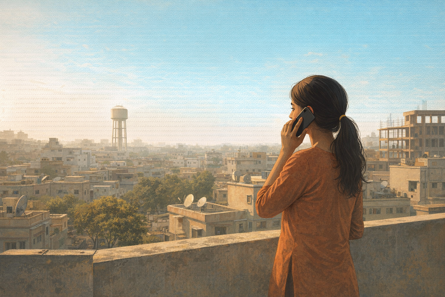 A young woman on a Bhopal rooftop terrace, phone to her ear, looking out over the city — water tower, neem trees, pale morning sky
