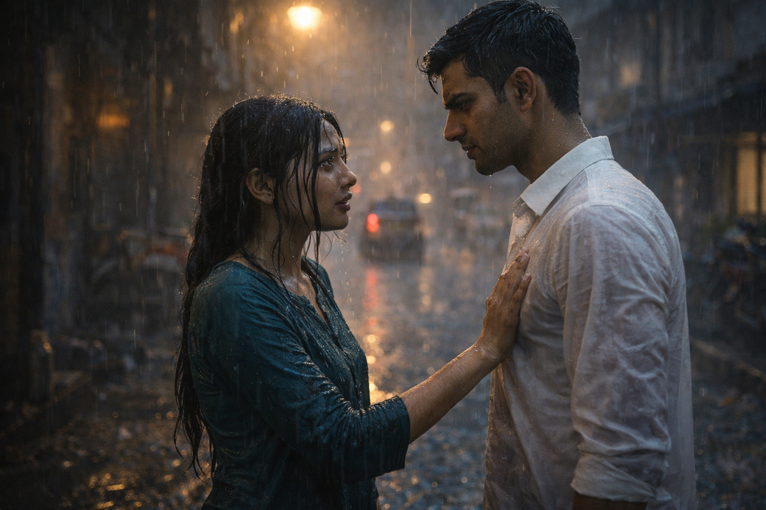 Raanu and Ranjan in an argument in the monsoon rain, fierce and raw