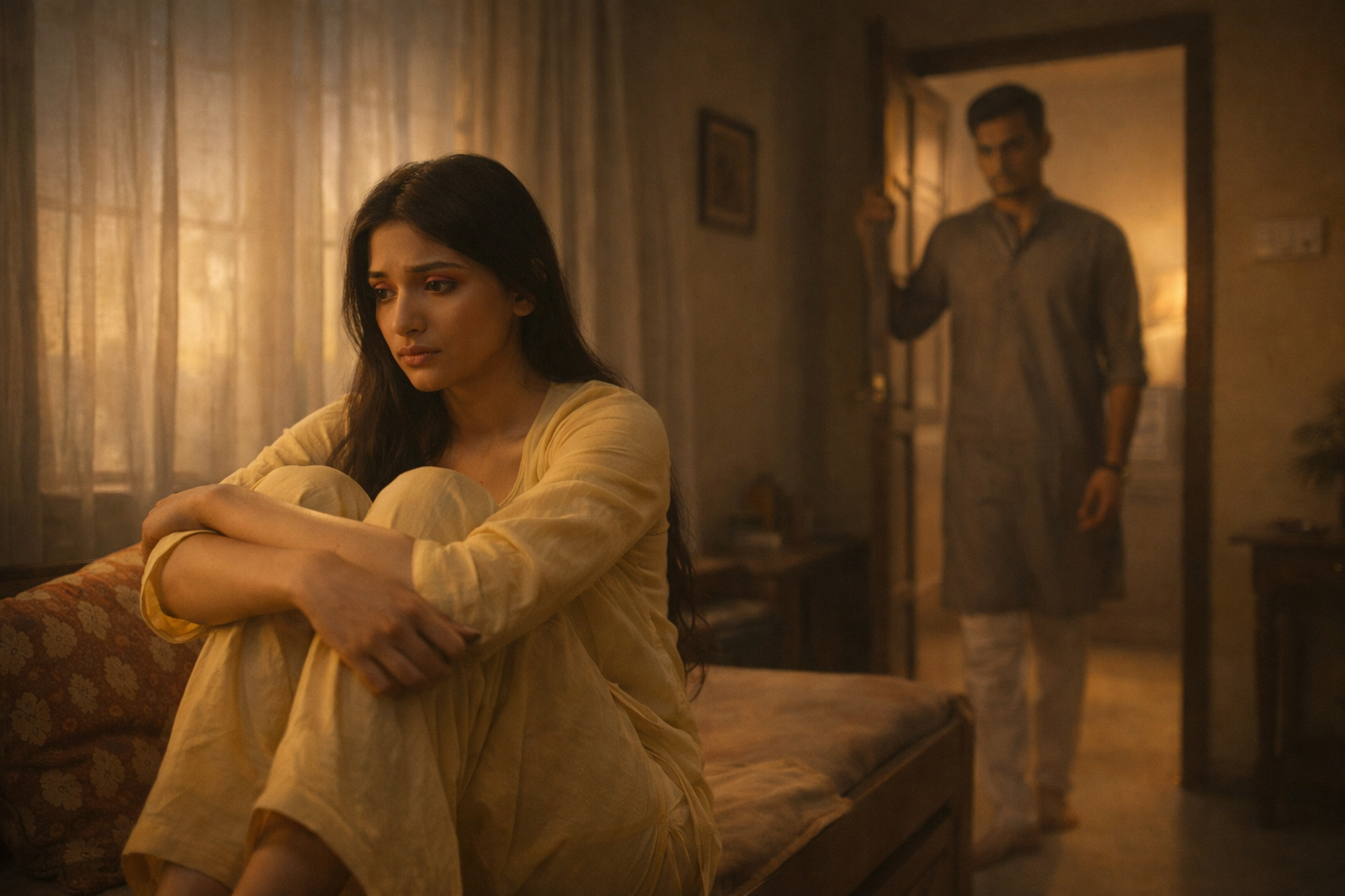 Raanu sits alone in the quiet evening, still and lost in thought