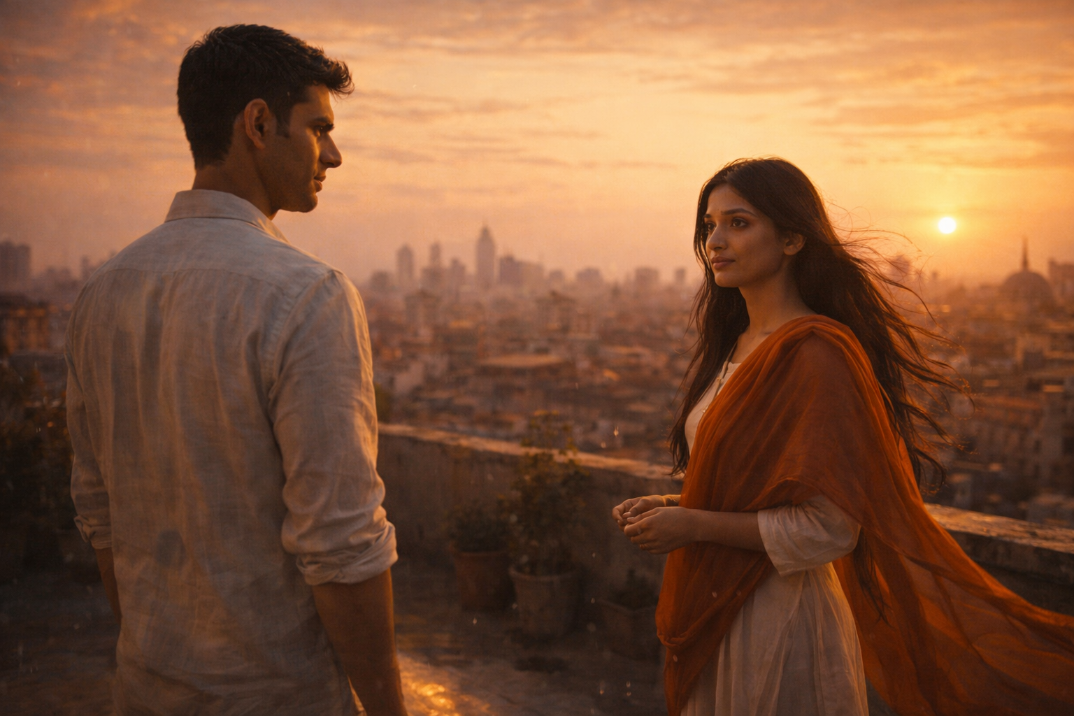 Raanu and Ranjan on a rooftop at sunset — a moment of silent understanding