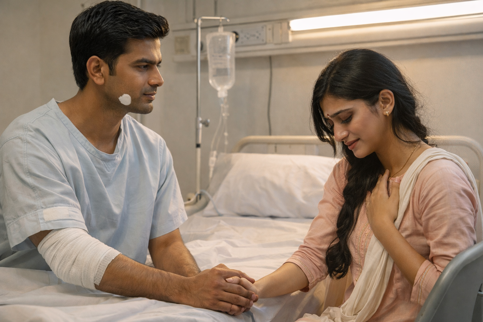 Simi crying beside Rajesh in the hospital room, their hands together