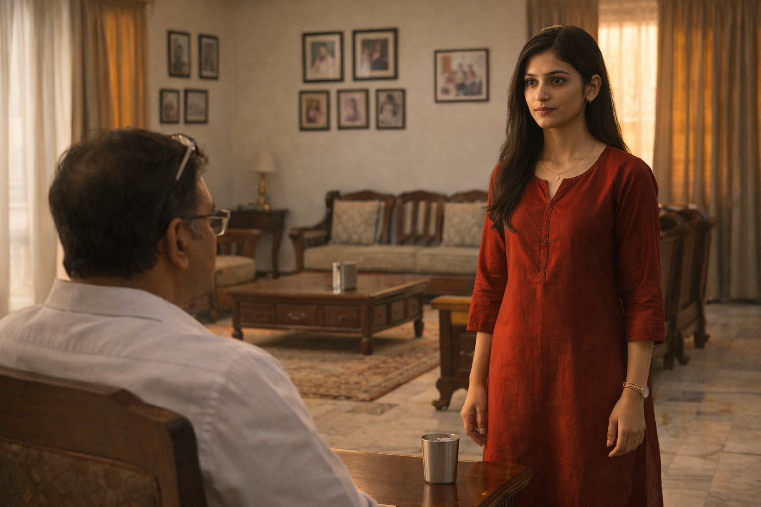 Simi standing firm before her father in their Bhubaneswar drawing room