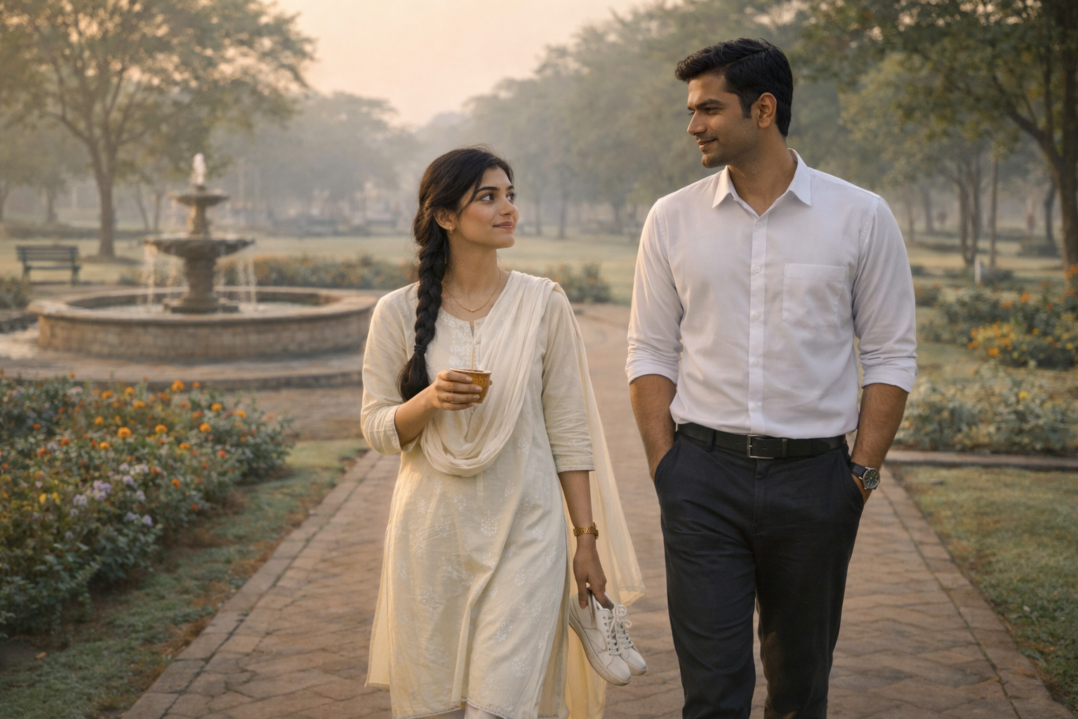 Simi and Rajesh walking together at Smruti Udayan Park in the early morning