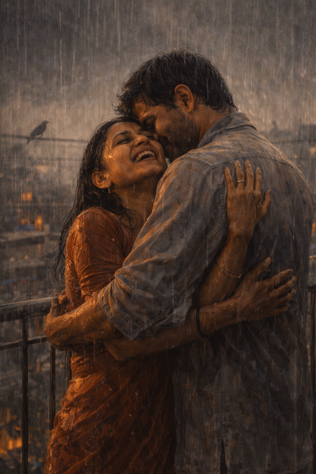 Vijay and Sandhya on their Mumbai balcony in the monsoon rain — she faces upward laughing, he holds her from behind, both soaked, the grey-silver city below them, completely unhurried