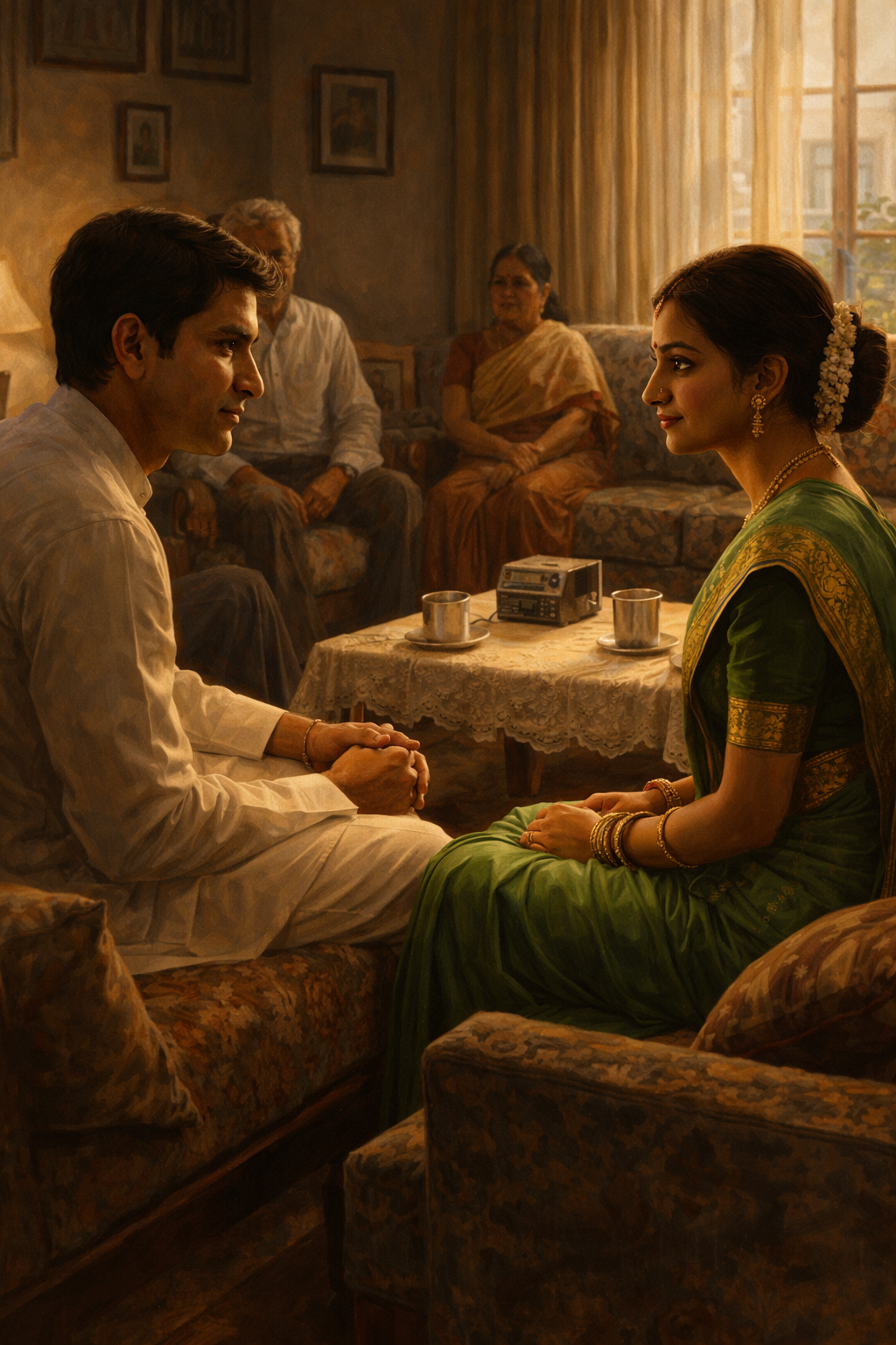 Young Vijay and Sandhya at their first arranged marriage meeting in a Mumbai drawing room, 1979 — the tape recorder visible, their eyes meeting across the room