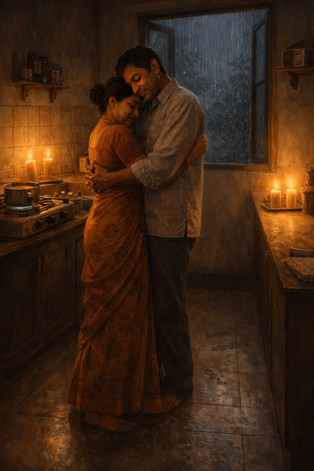 Vijay and Sandhya dancing in their Mumbai kitchen in the 1990s — candles lit, monsoon rain through the open window, her head on his chest, completely at ease