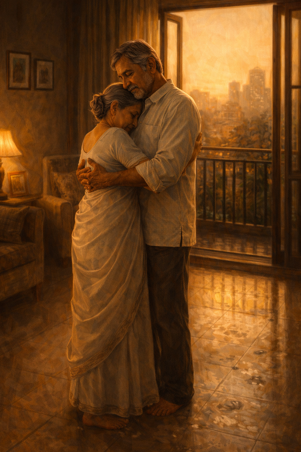 Vijay and Sandhya in their last dance together — she is frail but standing, his arms around her, her pulling him close, warm evening light through the balcony