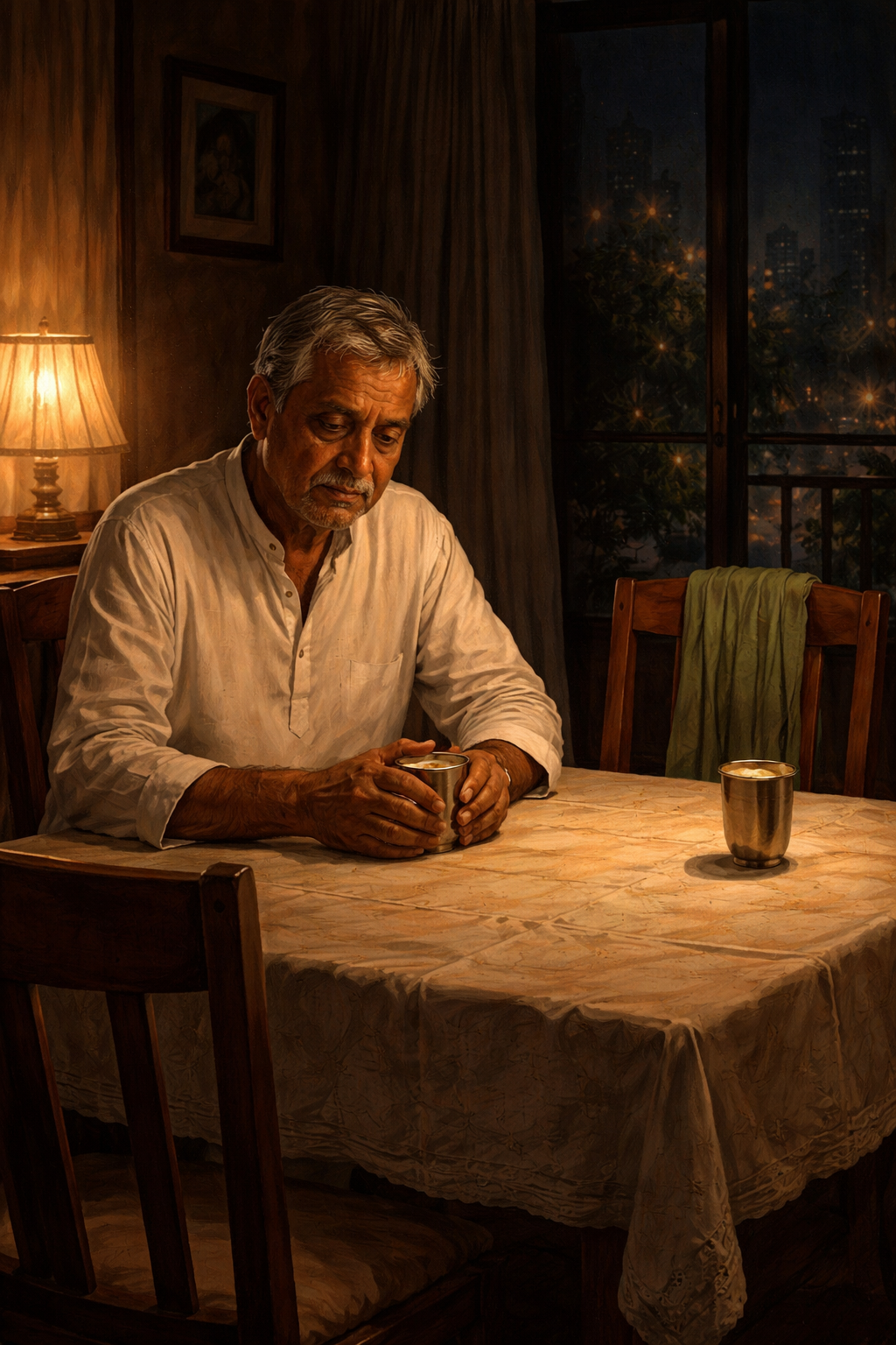 Vijay alone in his dim Mumbai flat at night, the radio glowing softly, Asha Bhosle's voice filling the silence