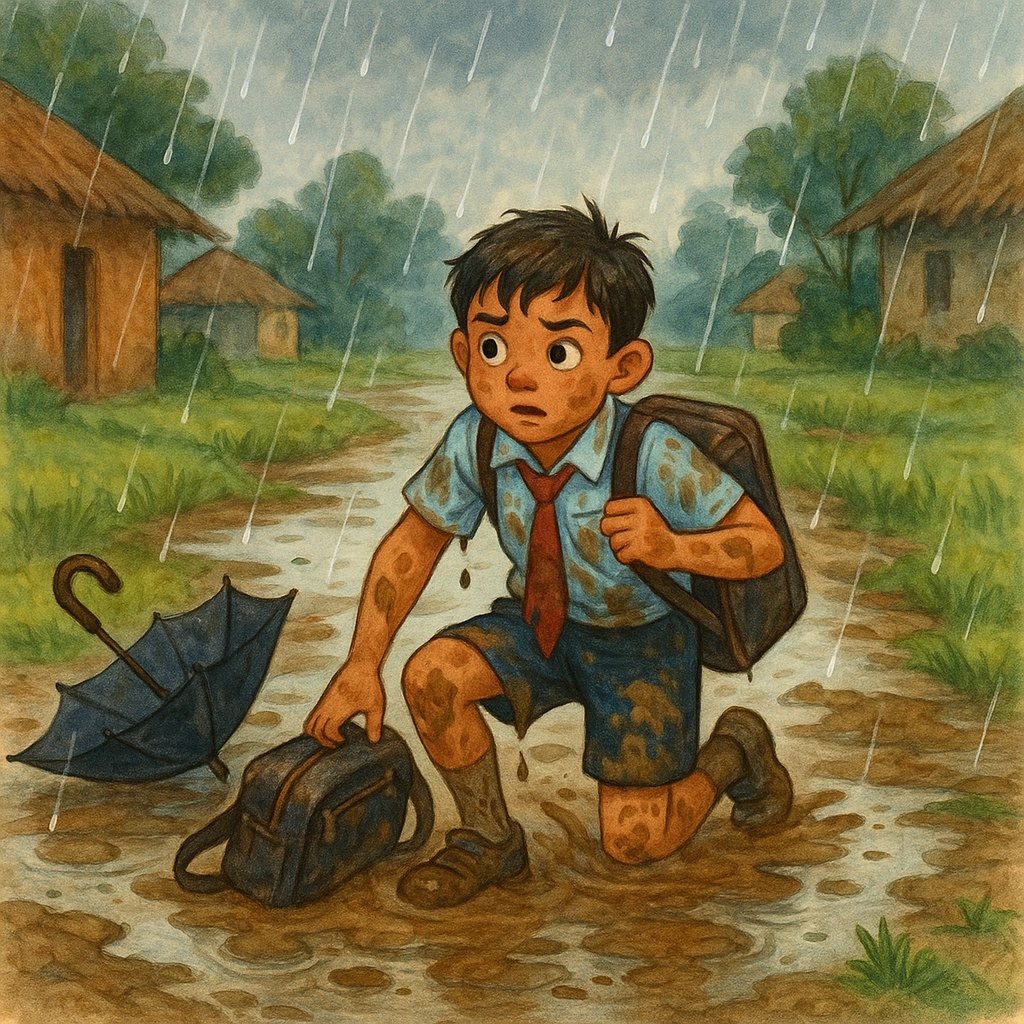 A young boy in a muddy school uniform holding his school bag. — A small village road with puddles an