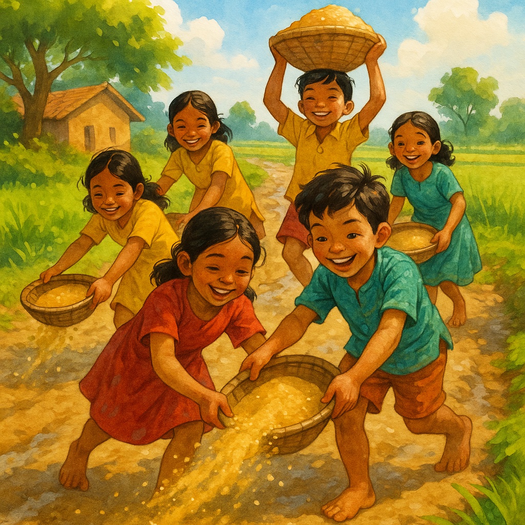 A group of village children happily spreading sand on a muddy road. — Rural village pathway near fie