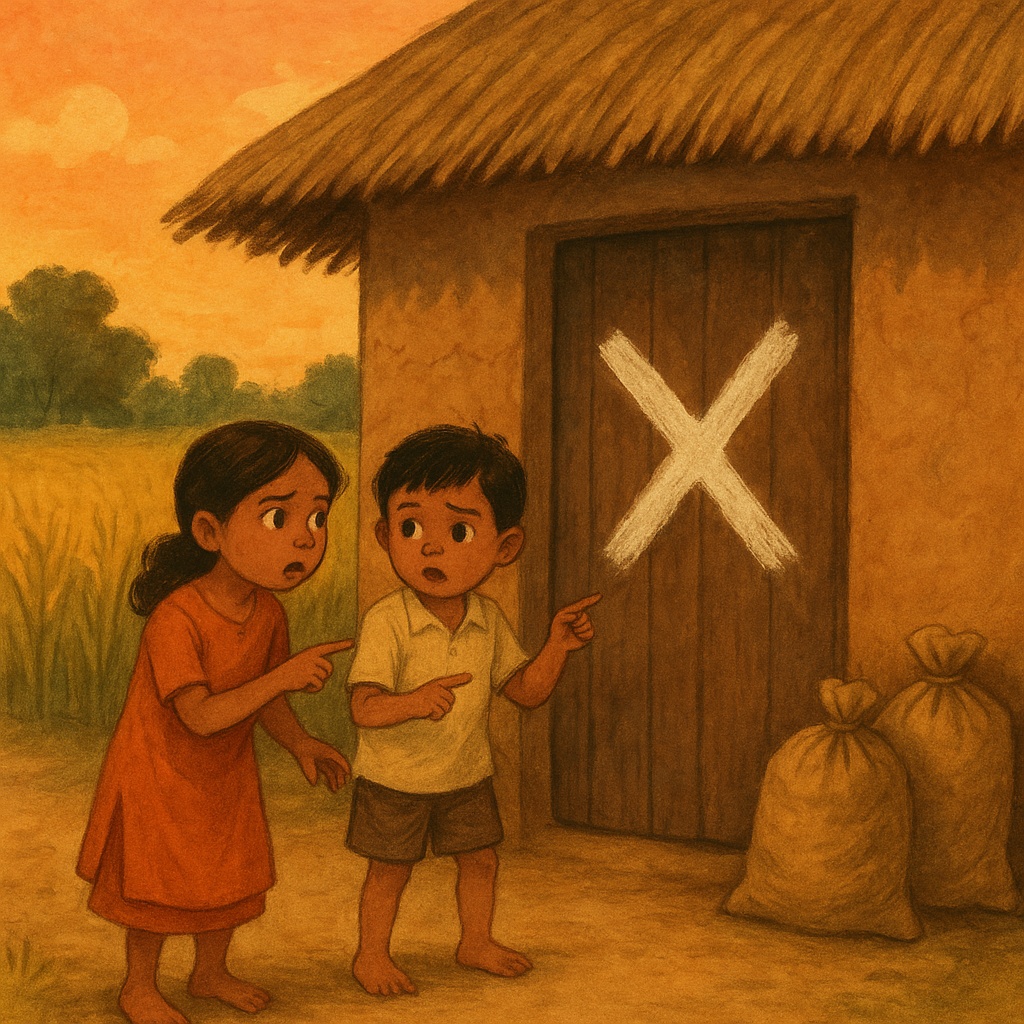 Two children looking at a big white X mark on their mud house door — A small village house in Odisha