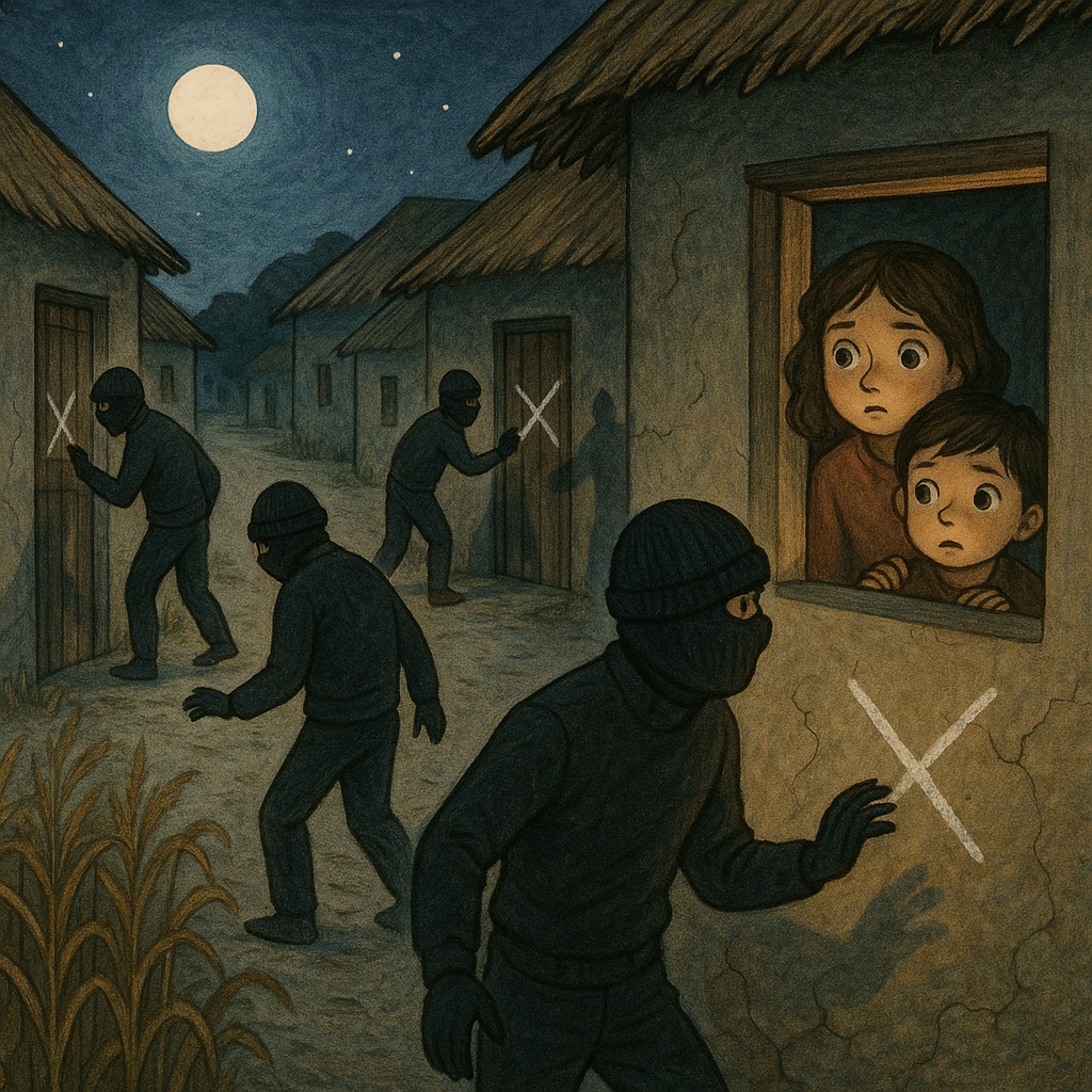 A group of masked men searching doors with chalk X marks, while two children secretly watch from a w