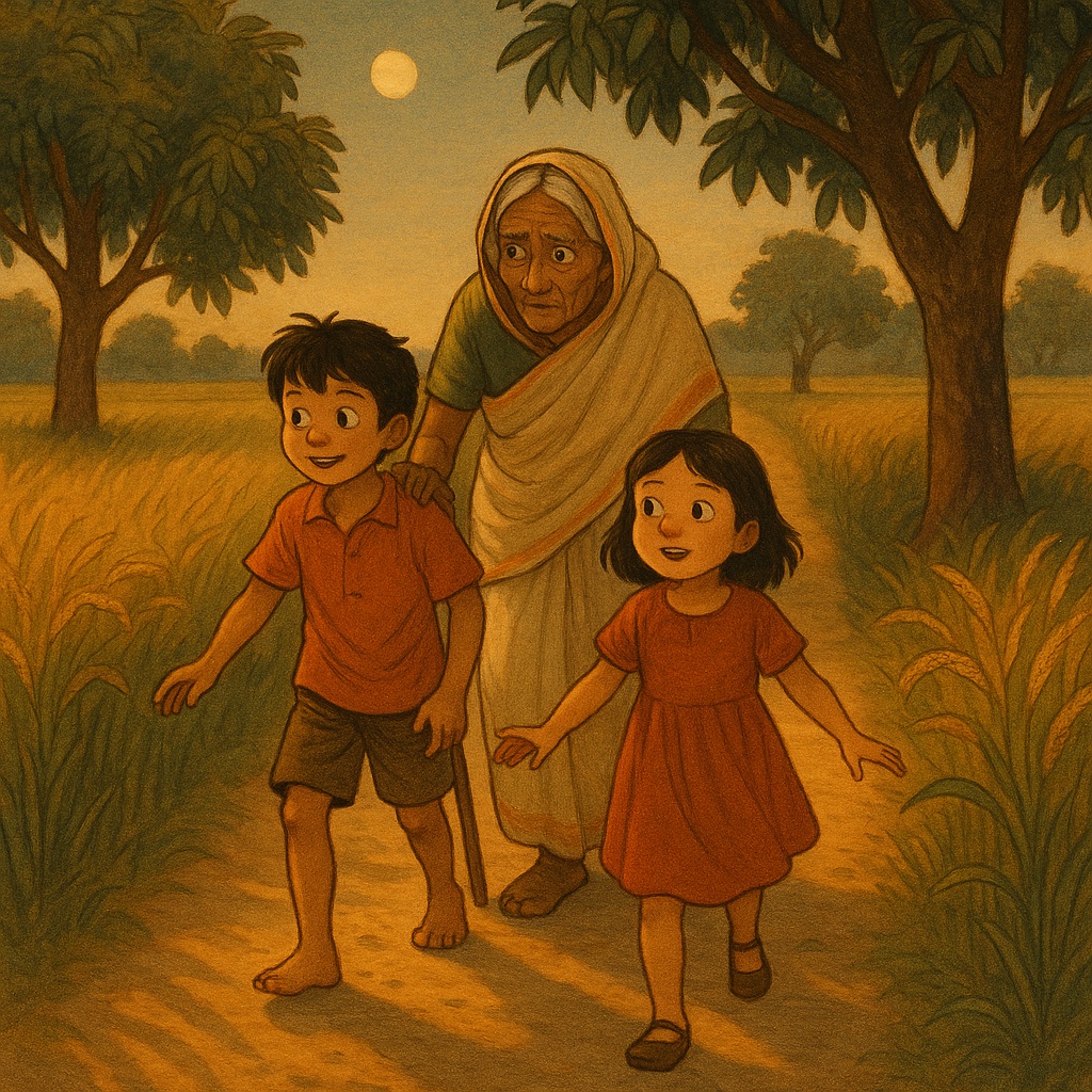 Two children and an elderly grandmother walking together — Narrow dirt road between paddy fields and