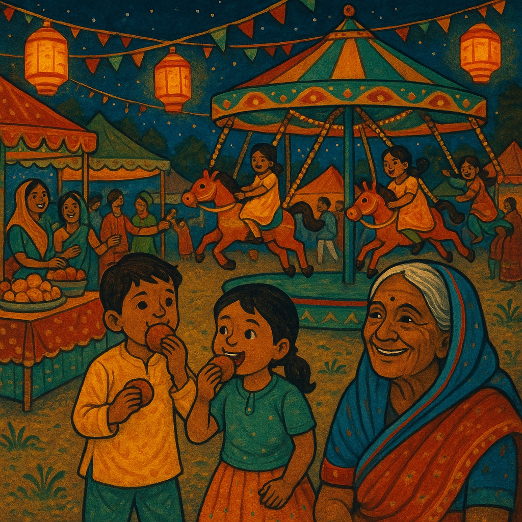 Colourful village mela scene with children and grandmother — Open village ground in Bagdia with stal