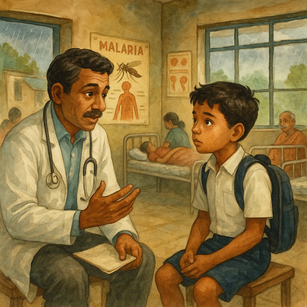 A curious village boy listening to a doctor — A small Primary Health Centre with beds and patients —
