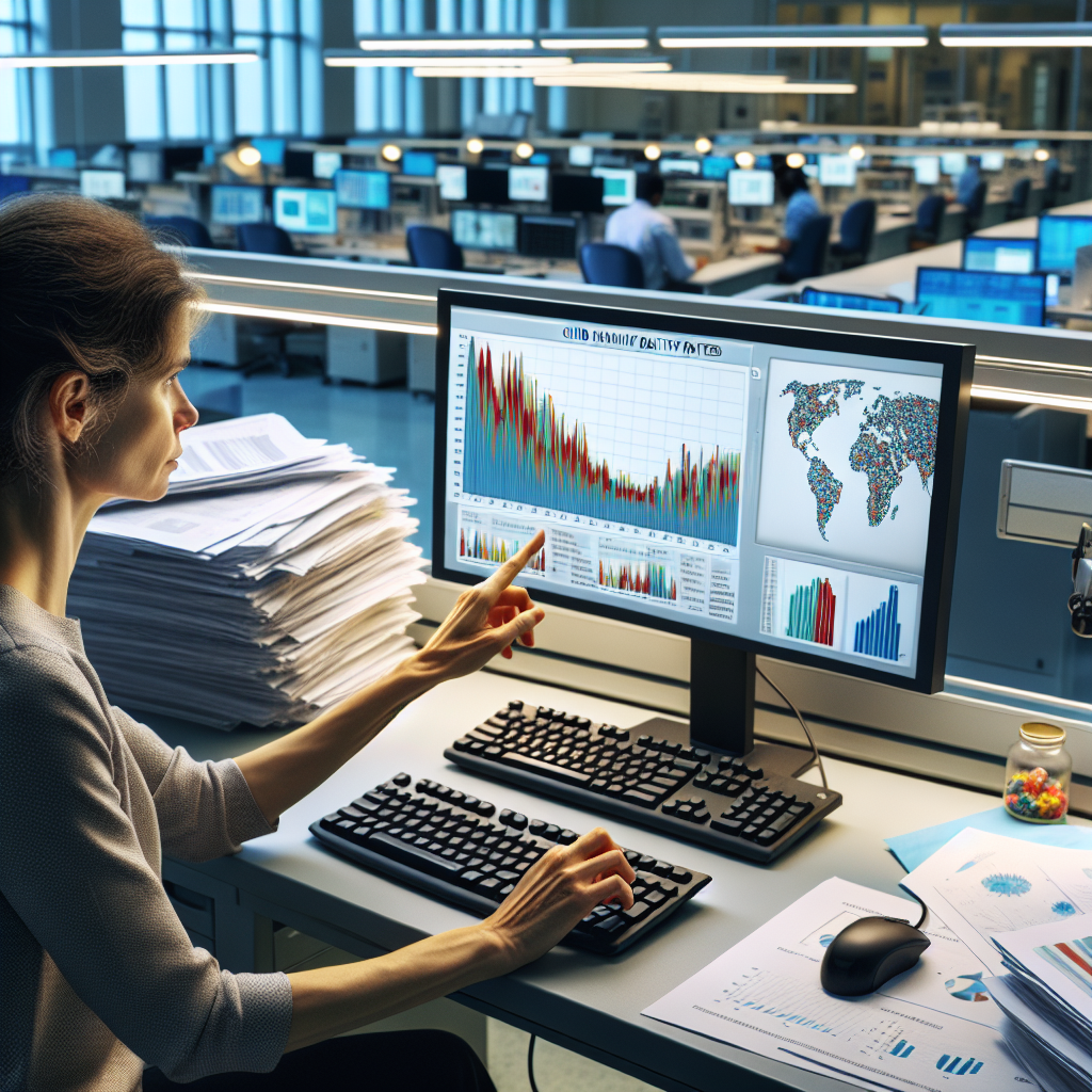 Researcher analysing sanction impact data in a public health lab