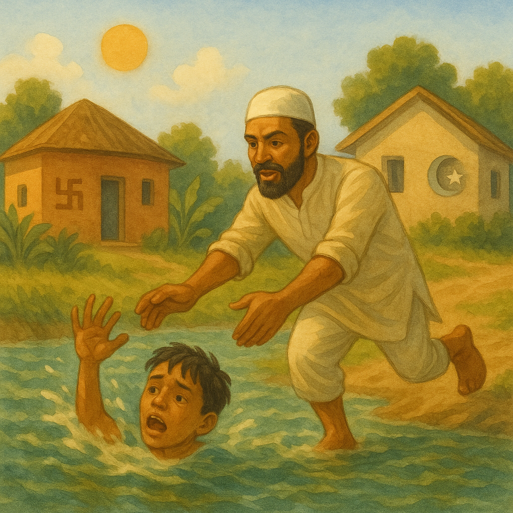 A boy struggling in river water while another boy rushes to help — Riverbank in an Indian village — 