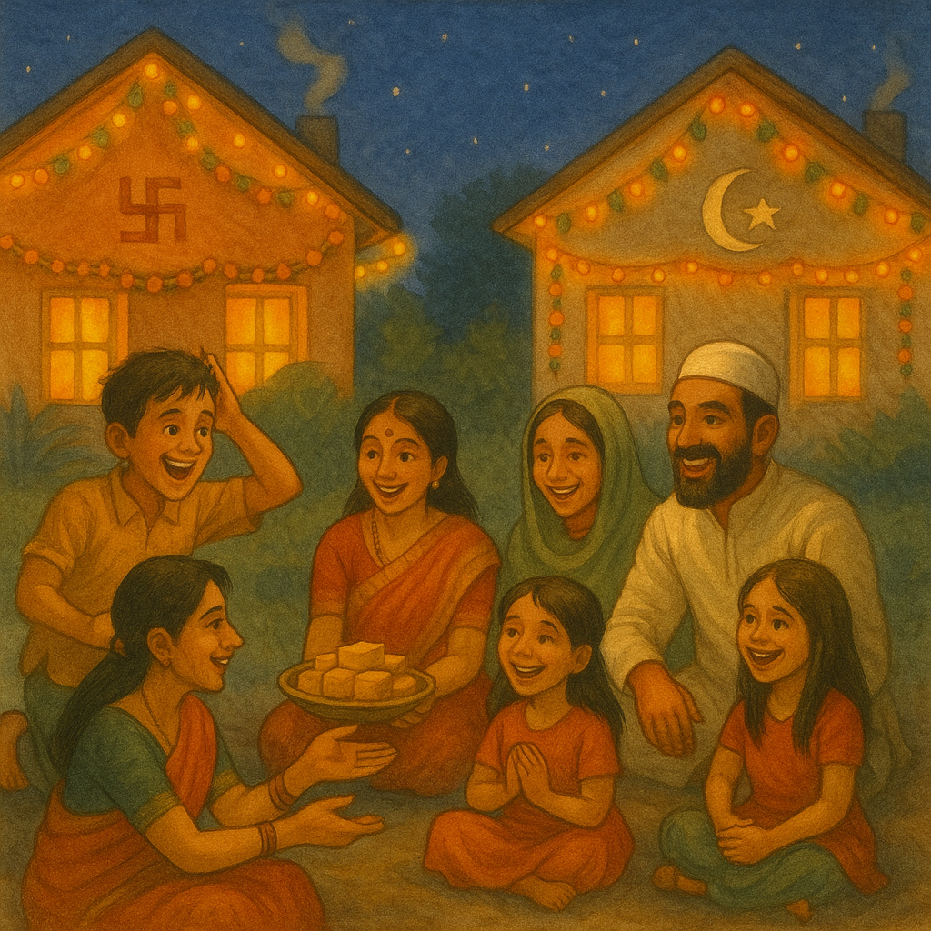 Two families sitting together happily with children in the middle — Courtyard of village houses near