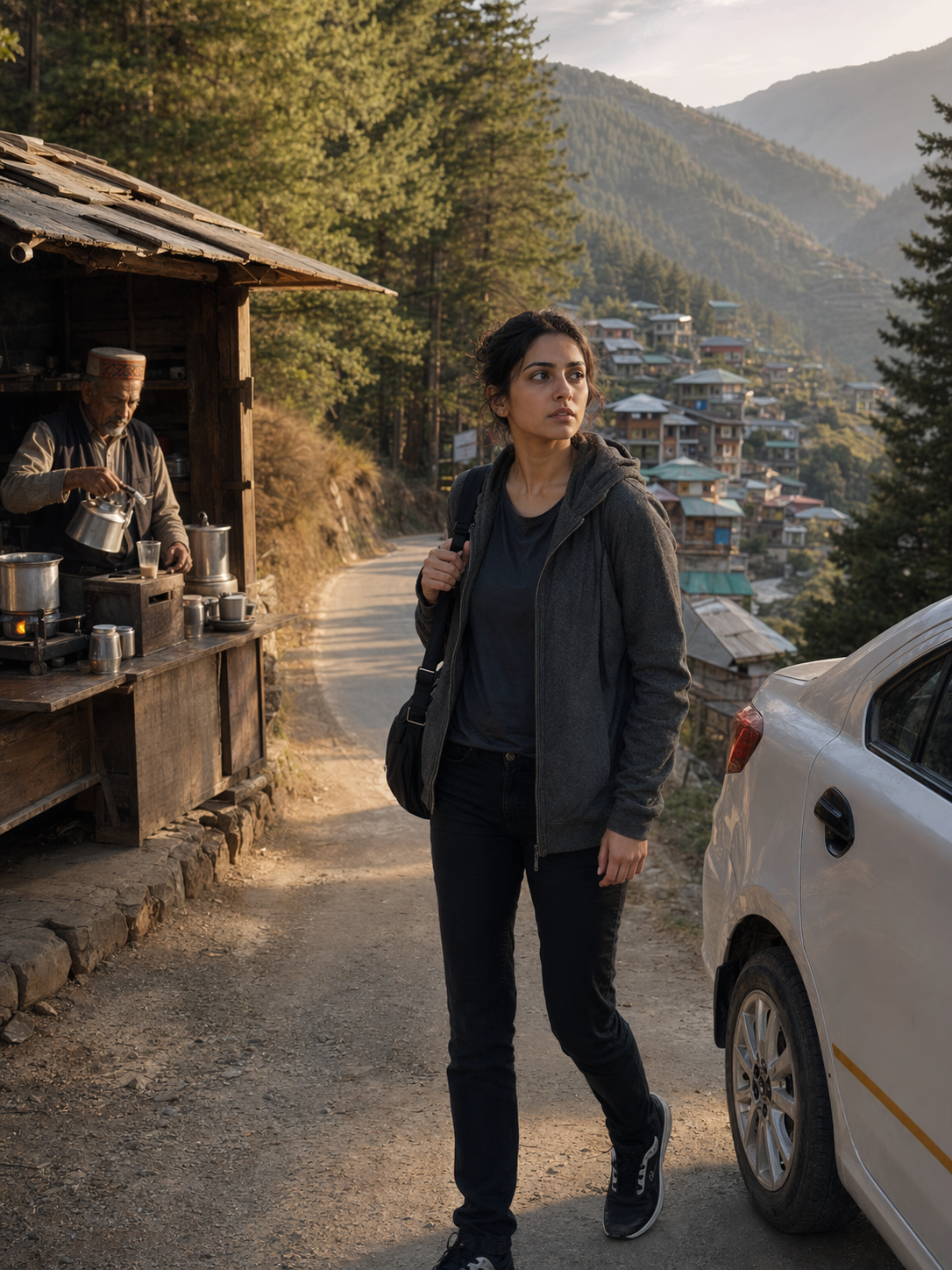 A young woman stands at a roadside tea stall in the Himachal hills in late afternoon amber light — pine forests, wooden slate-roofed houses, a narrow road climbing into the valley behind her