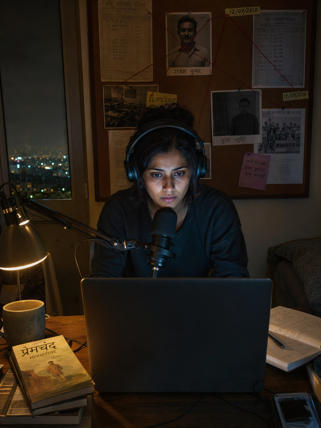 A young woman at her desk late at night in a small apartment, headphones on, a single lamp, a wall behind her pinned with printed papers, photographs, and red thread connecting names and dates — the screen of her laptop lighting her face