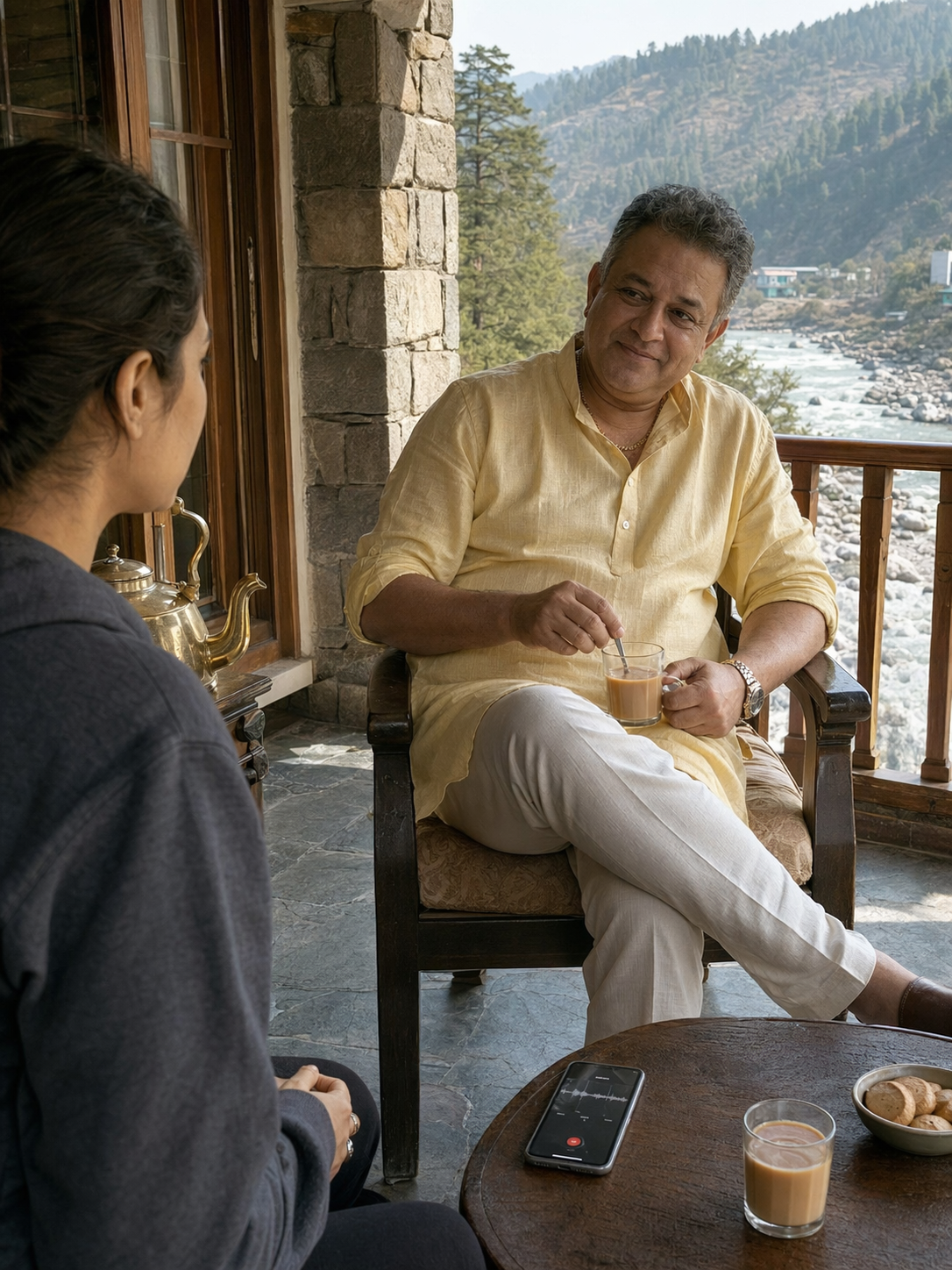 A pleasant-looking middle-aged man in a pale kurta sits across a low veranda table from a young woman with a recording phone on the table between them, a plate of biscuits untouched, warm late-morning light, river visible in the background, the man&rsquo;s smile polite but unreadable