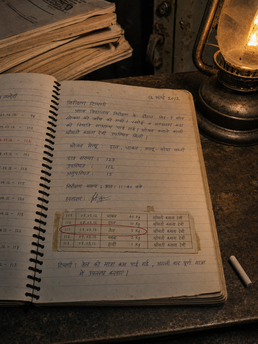 A weathered Hindi-ruled notebook open on a wooden desk, oil lamp light falling across handwritten pages