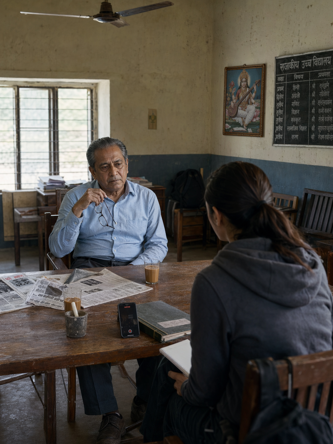 The staff room of a small-town Indian school at late afternoon — wooden chairs, Hindi newspapers on a cluttered table, a ceiling fan, a framed portrait of Saraswati on the wall, an older teacher and a younger woman with a recording phone on the table between them