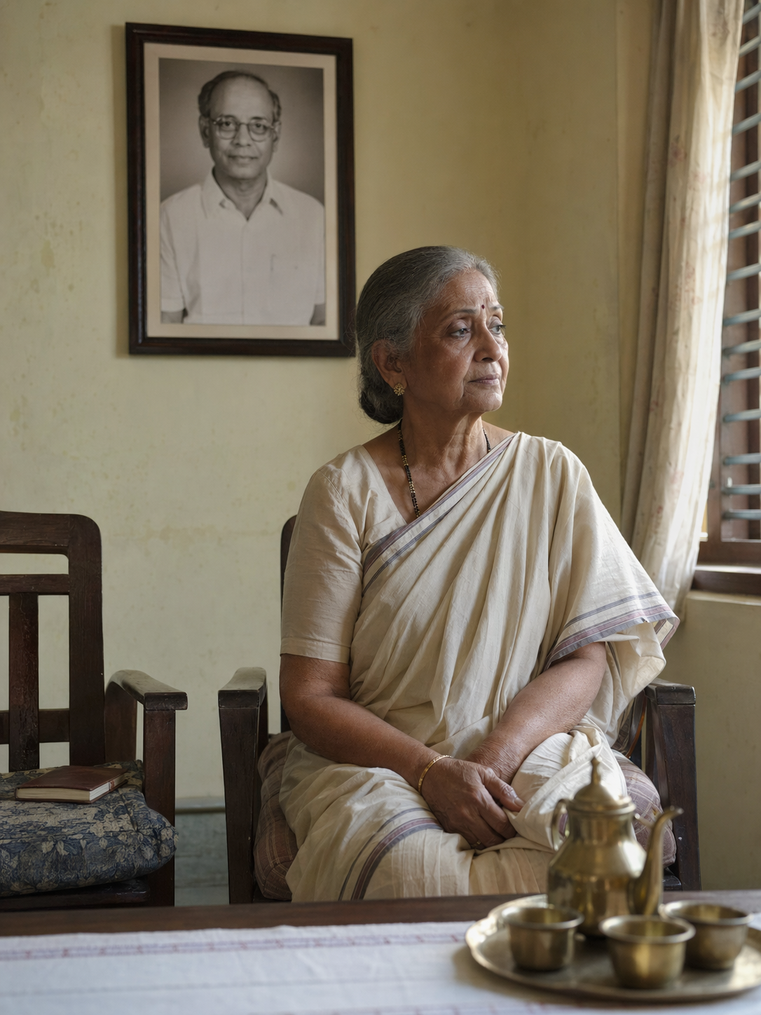 An elderly Indian woman in her seventies sits in a simple wooden chair in a clean, modest sitting room — grey hair in a knot, cotton saree, tea glass on a small side table, a framed black-and-white photograph of a gentle-faced man in a short-sleeved white shirt on the wall behind her, late afternoon light from a window
