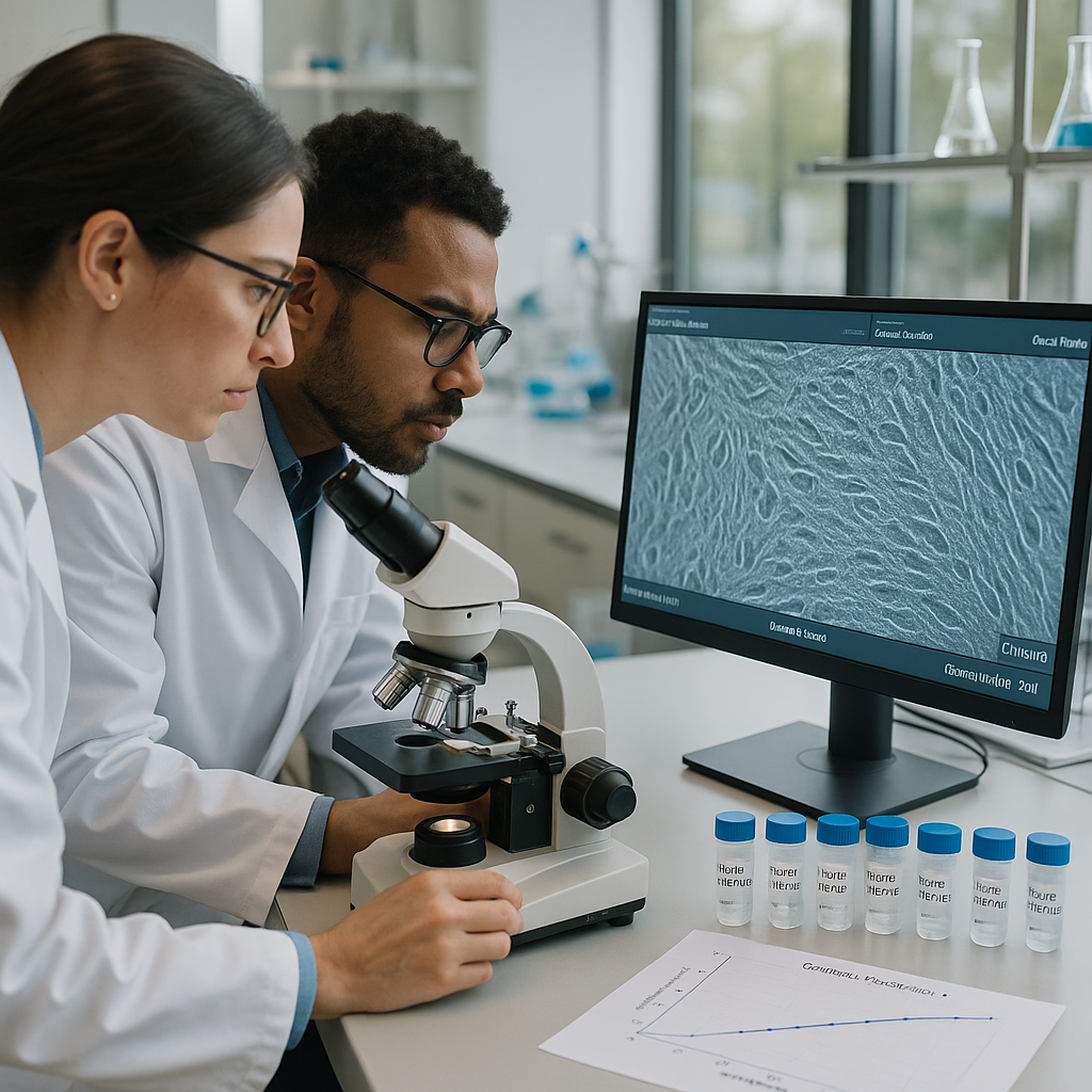 Lab team analysing bone marrow protein effects on skin cells